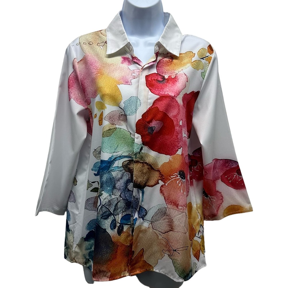 EUC, Women’s 3/4 Sleeve Sz M Button Down Multi-Color Blouse, V556